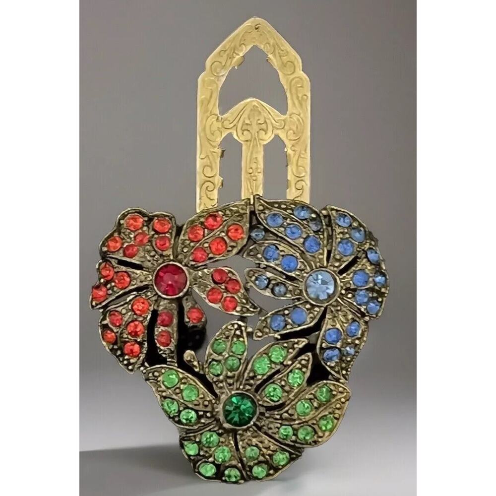 VTG Art Deco Floral Dress Clip Pot Metal Red Blue Green Glass Stones 1.5" Estate